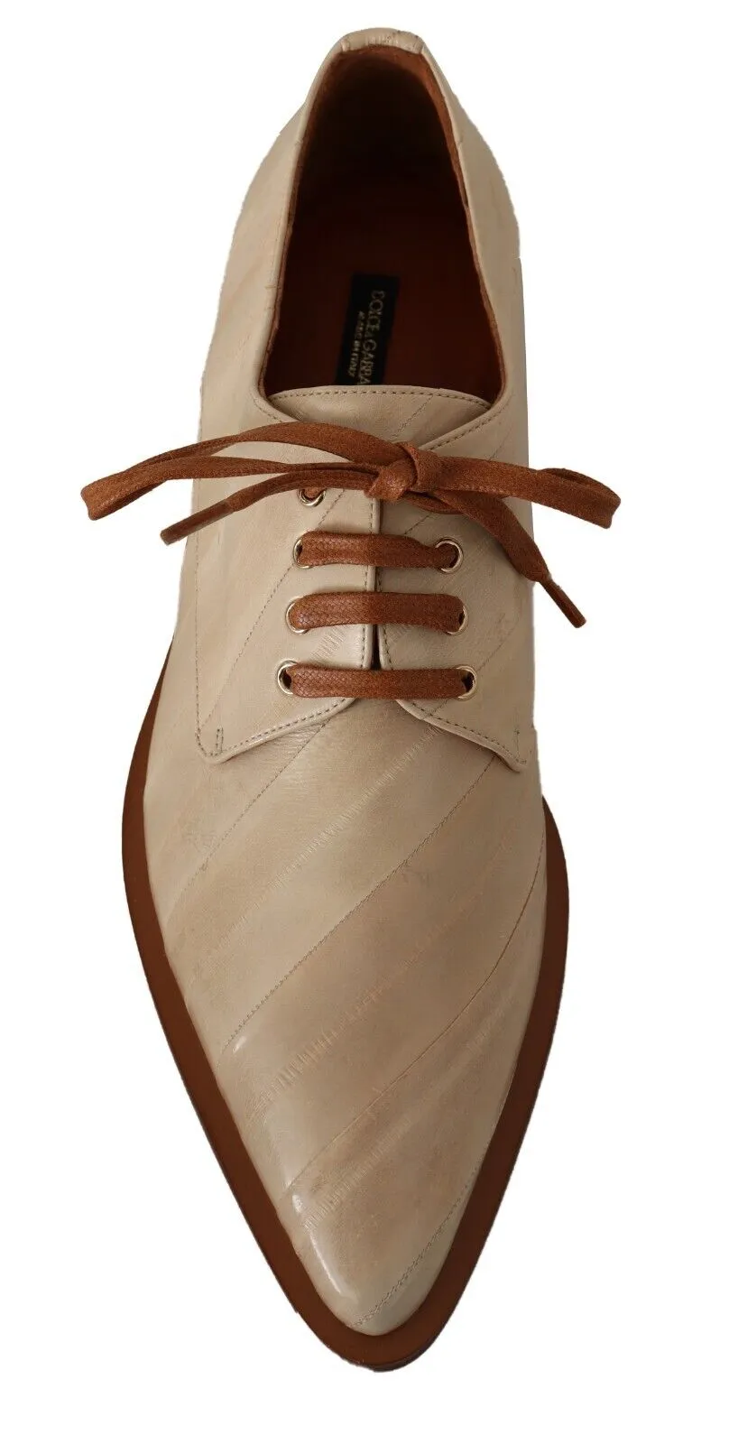 Dolce & Gabbana White Eel Leather Lace Up Formal Flats Shoes