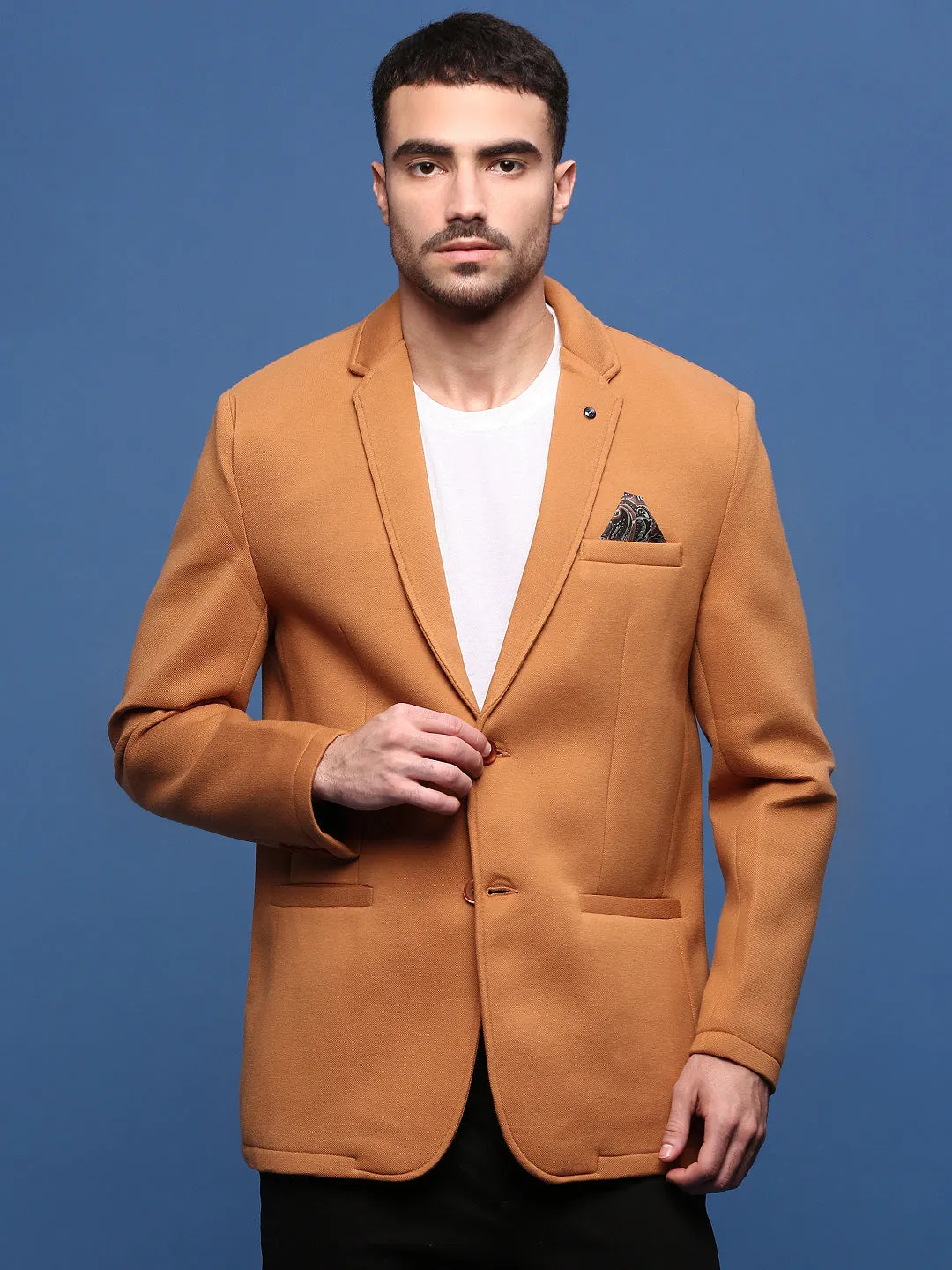 Men Camel Brown Slim Fit Single Breasted Blazer