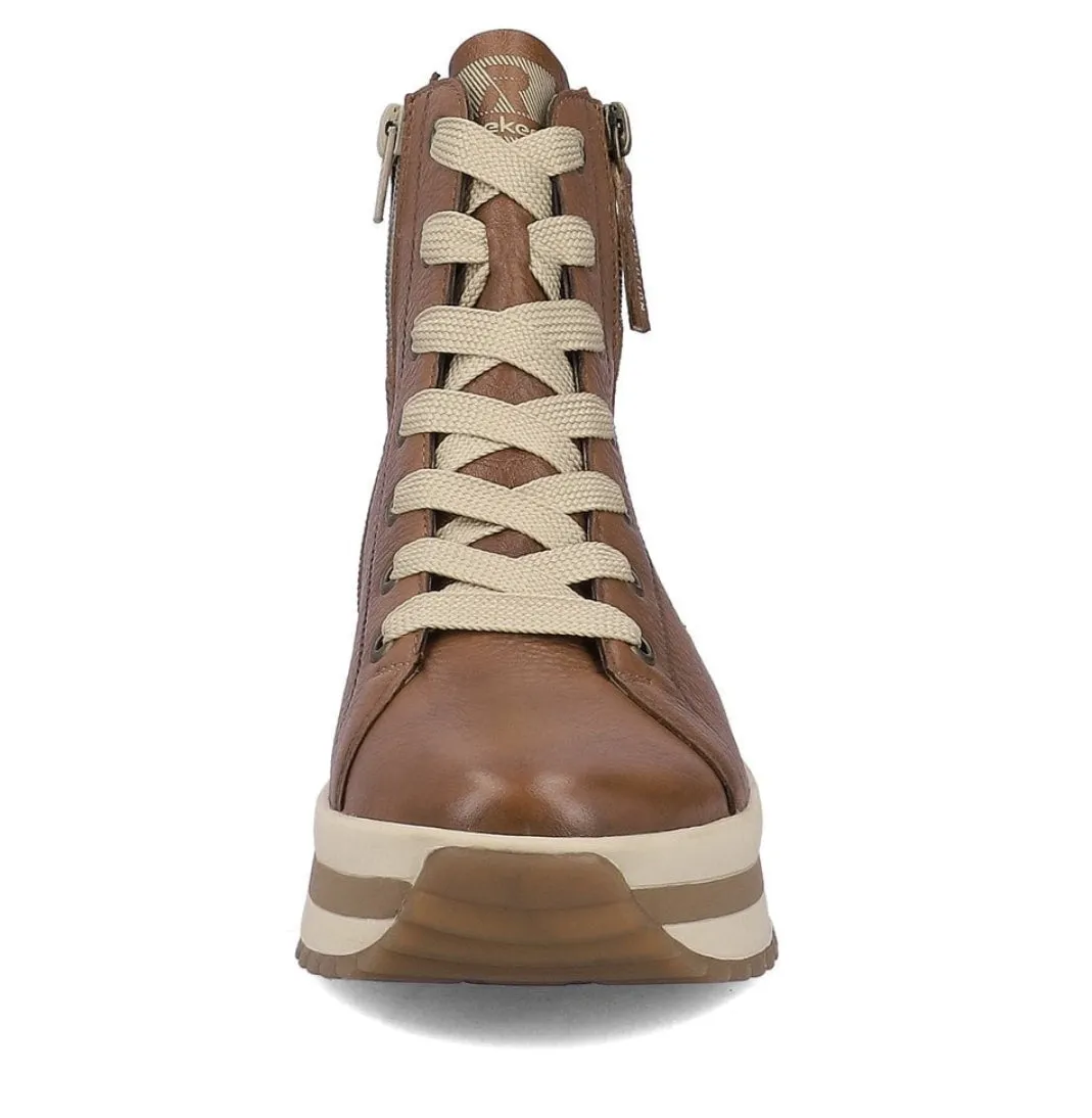 Rieker W0962-24 Revolution Caster Brown Leather Lace-Up Flatform Trainer Boots