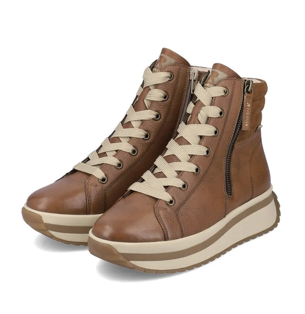 Rieker W0962-24 Revolution Caster Brown Leather Lace-Up Flatform Trainer Boots