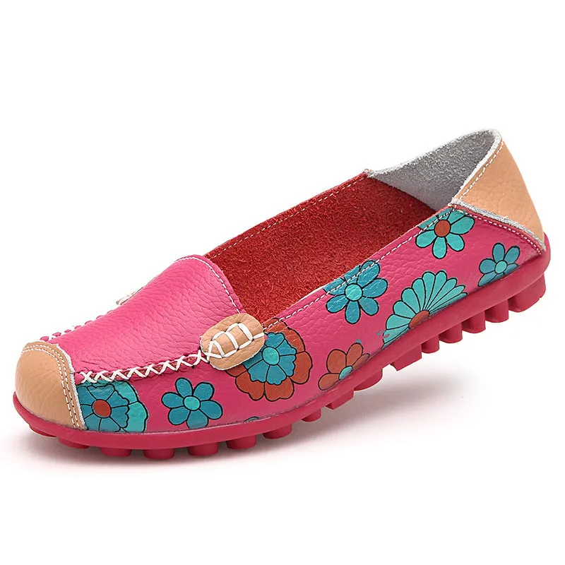 Women's Summer Genuine Leather Flats With Flower Print