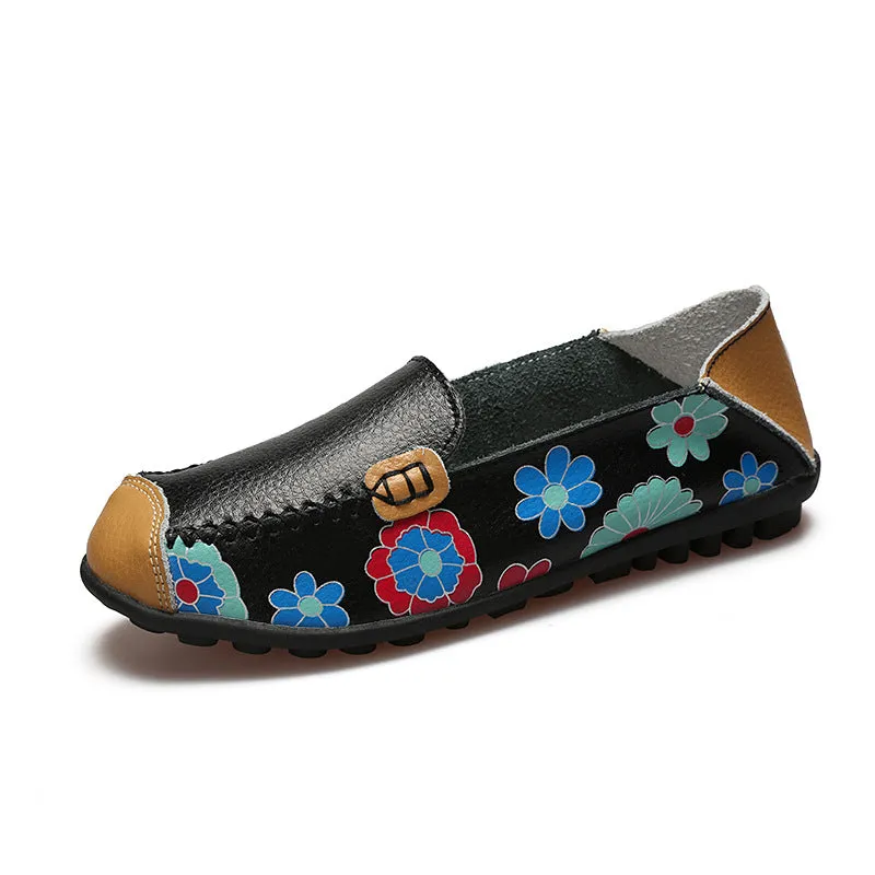 Women's Summer Genuine Leather Flats With Flower Print