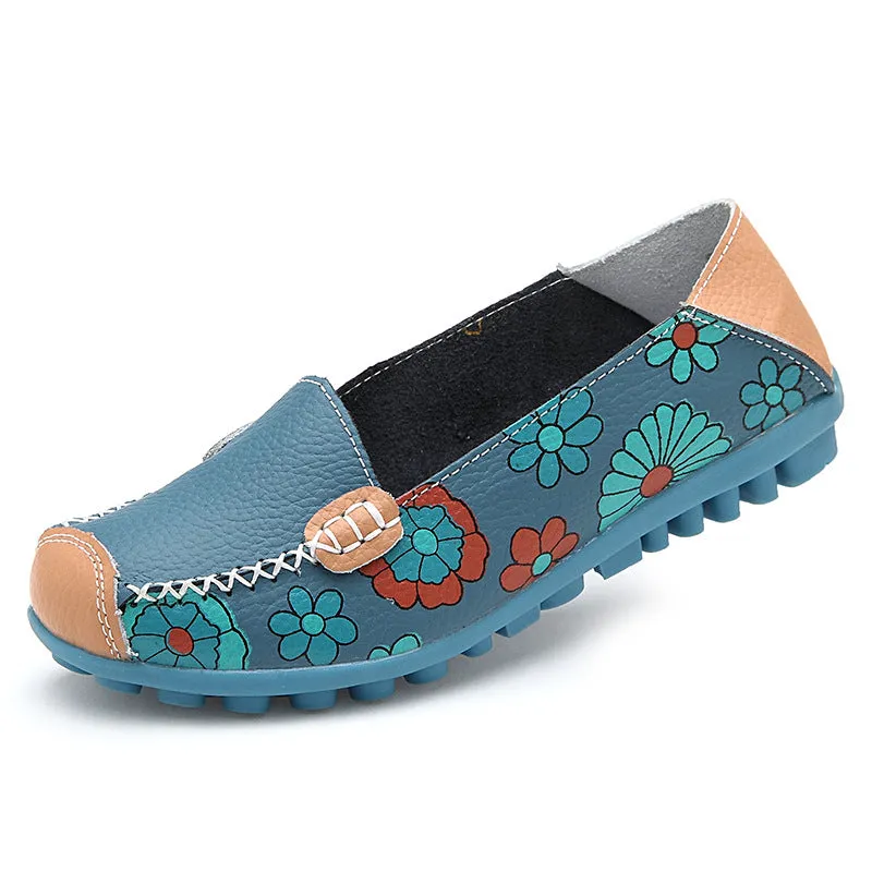 Women's Summer Genuine Leather Flats With Flower Print