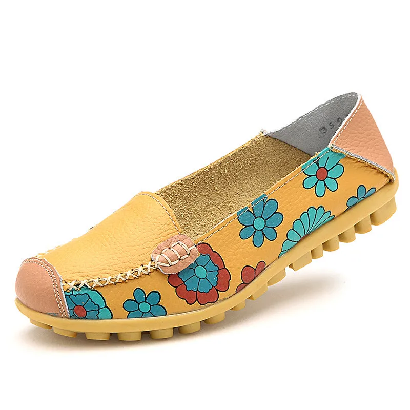 Women's Summer Genuine Leather Flats With Flower Print